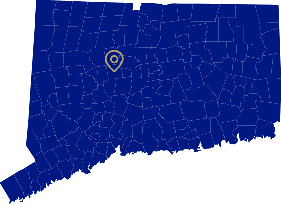 blue map of Connecticut with town/city lines